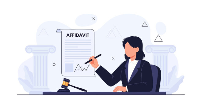 Lawyer signing affidavit document with gavel and pillars, legal concept illustration
