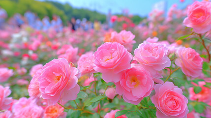Fototapeta premium Vibrant pink roses bloom at Sam Cheok Rose Park Festival