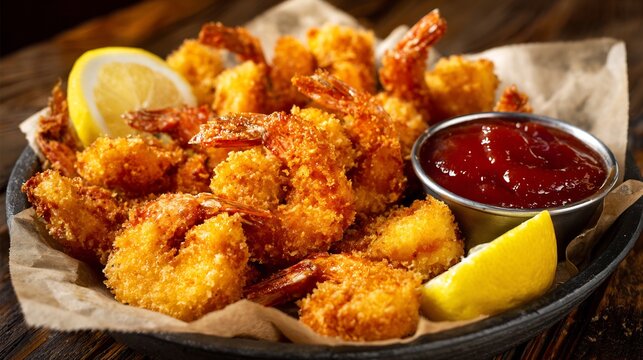 Platter of crispy breaded fried shrimp with cocktail dipping sauce and lemon wedges on parchment paper