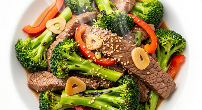 Beef stir fry with fresh broccoli and bell peppers serves as a nutritious and delicious main course.