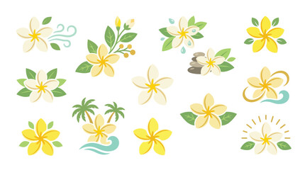 Obraz premium Collection of beautiful yellow plumeria flowers with tropical elements like palm trees and ocean waves.
