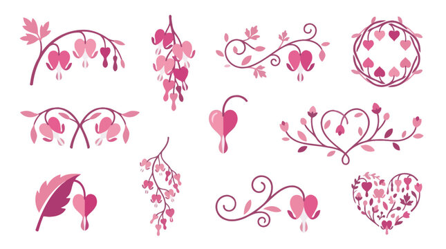Collection of decorative floral elements featuring bleeding heart flowers in various arrangements and heart shapes.