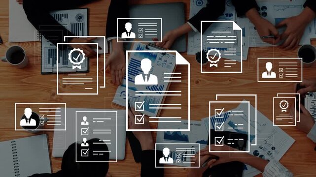Overhead View of Professional Team Collaborating on Human Resources Documents with Digital Icons Representing Resumes and Certifications in a Modern Workspace. Entropy.