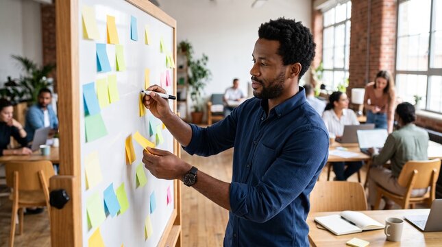 Man writing on sticky notes on a whiteboard in a modern office with colleagues collaborating in the background