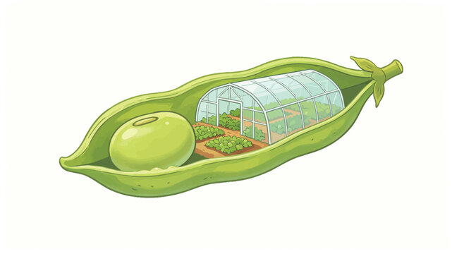 Surreal Whimsical Illustration of an Open Pea Pod Containing a Single Green Pea and a Miniature
