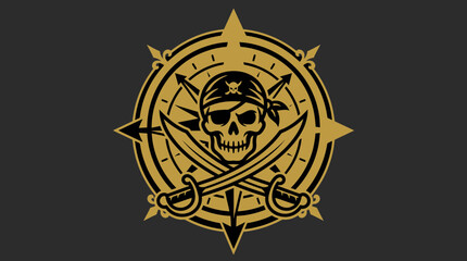 Obraz premium Pirate skull symbol with crossed cutlasses and compass elements, flat black and gold colors