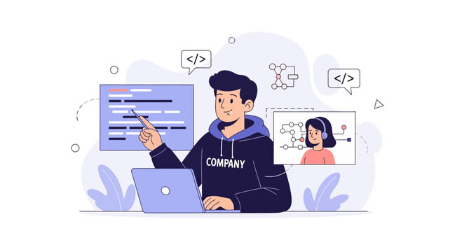 Programmer pointing at code on screen, with colleagues in remote collaboration, illustration.