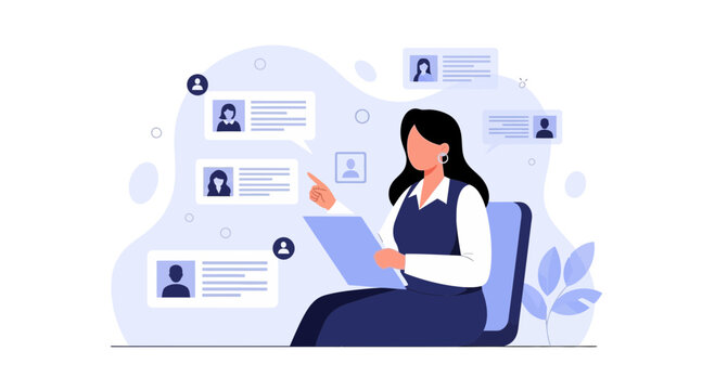 Recruiter reviewing candidate profiles for job recruitment. Professional woman selecting applicants from digital resumes for hiring process.