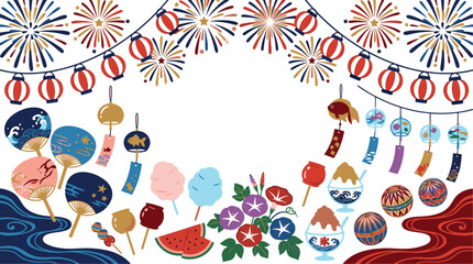 Fototapeta premium Traditional japanese summer festival elements set featuring fireworks lanterns wind chimes and sweets festival fireworks lanterns watermelon celebration illustration tradition