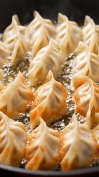 Pan fried gyoza dumplings sizzling in oil with golden crispy bottoms forming in a skillet