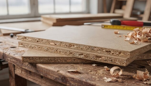 Medium shot of ecofriendly MDF panels made from biobased resin showcasing smooth surface texture and sustainable wood fiber composition in a workshop setting.
