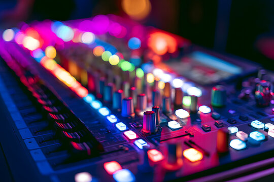A professional audio mixer is accentuated by colorful lights, which engender a lively and dynamic ambiance within a music studio