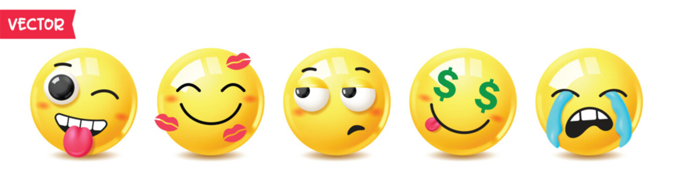 Emoji faces clipart set. 3d emoji glossy character playful, affectionate, bored, money-eyed, and crying facial expressions. Vector illustration. 
