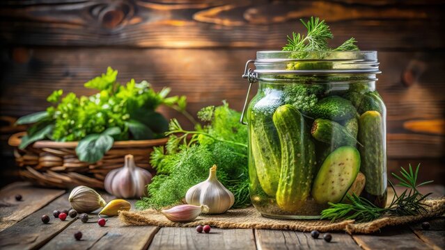 A vintage glass jar filled with tangy dill pickles