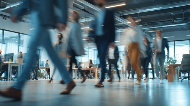 People walking fast in modern office blurred motion