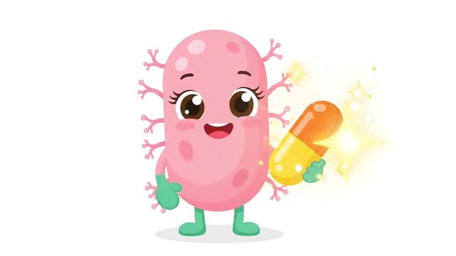 Cute pink bacteria cartoon character holding a medicine capsule animation, funny microbe mascot with vitamin pill giving thumbs up, health education footage isolated on white