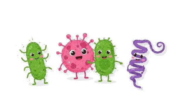 Cute cartoon bacteria and virus characters jumping and dancing animation, hand drawn colorful microbes with crayon texture for kids education, isolated footage on white
