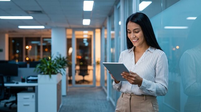 Latin Hispanic mature adult professional business woman looking at online trade app. European businesswoman CEO holding digital tablet using fintech tab application standing at workplace in office.