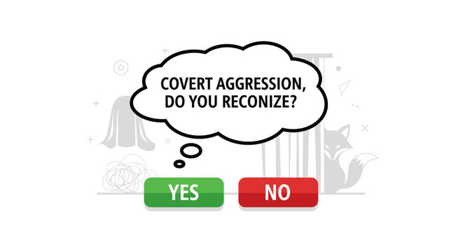 Conceptual illustration of covert aggression, featuring a thought bubble with the question "DO YOU RECOGNIZE?" and yes/no buttons. Symbolizing social behavior and workplace psychology.