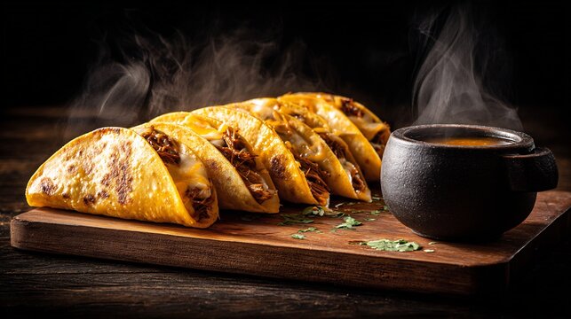 Traditional Birria Tacos with Melted Cheese on Wooden Board with Steaming Consomme