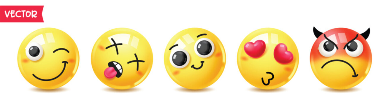 Emoji faces clipart set. 3d emoji glossy character in winking, dizzy, cute, heart eyes, and angry facial expressions. Vector illustration. 
