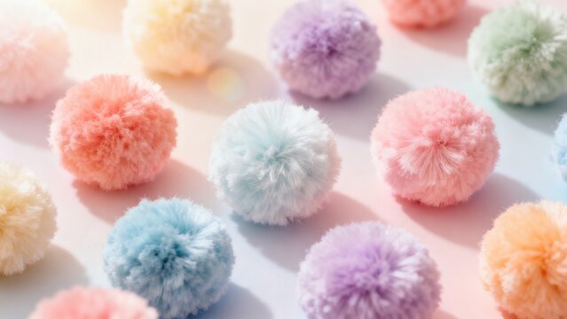 Colorful fluffy pom poms on pastel surface