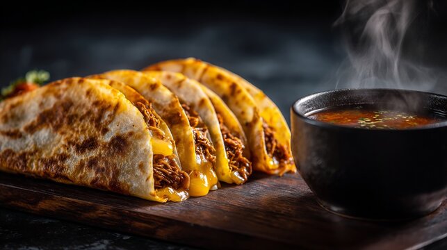 Steaming Birria Tacos with Melted Cheese and Savory Broth in a Black Clay Pot