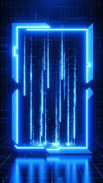 Pulsing neon blue frame with rhythmic light flow and falling particles on a digital grid