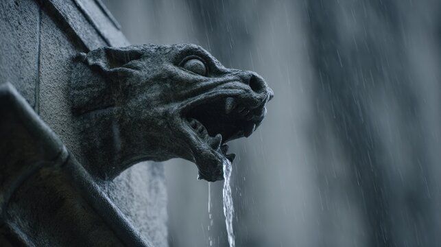 Gargoyle statue with water flowing in rain