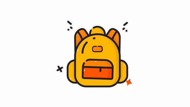 Yellow orange cartoon school bag icon for school supplies shopping websites, educational posters, childrens book illustrations, backpack brands, stationary logos.