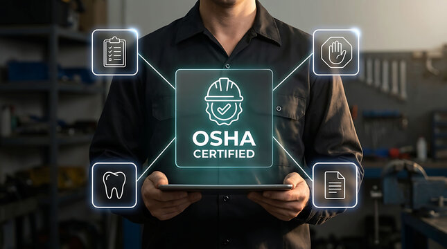 OSHA certified worker holding tablet with safety compliance icons
