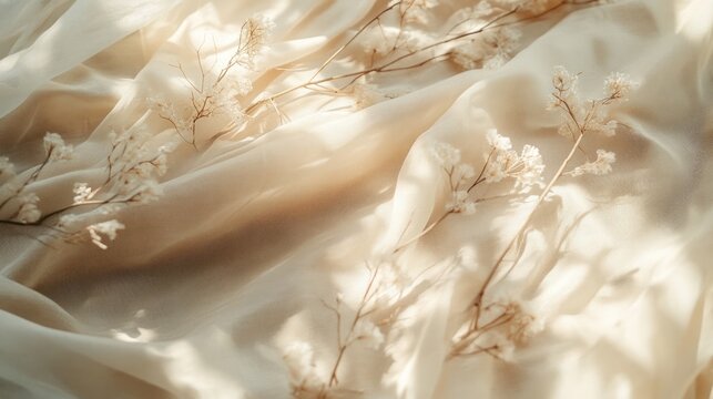 Beige fabric with dried flowers beautiful light and shadows