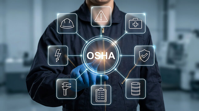 Worker touching OSHA compliance and workplace safety concept virtual screen
