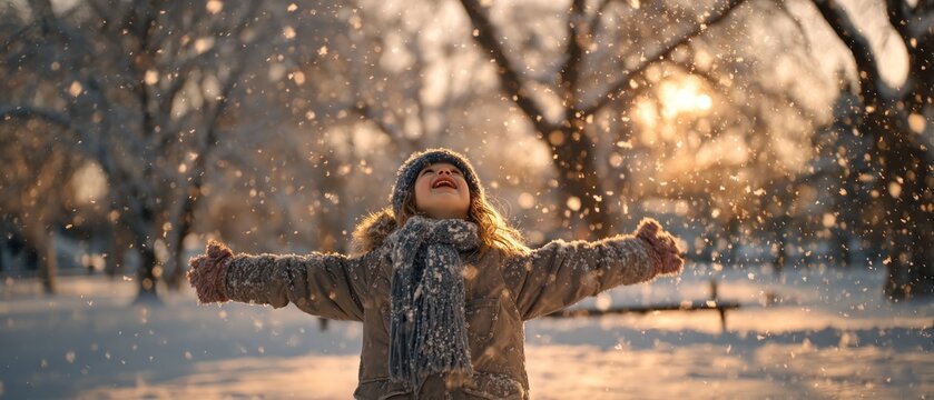 Child enjoying snowfall outdoors
