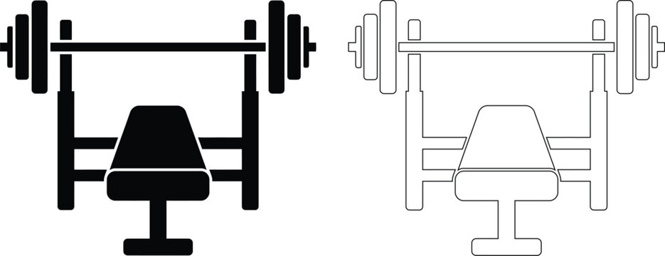 Vector icon set features a gym weight bench with a heavy barbell, presented in both solid black silhouette and line outline styles for strength training workouts.