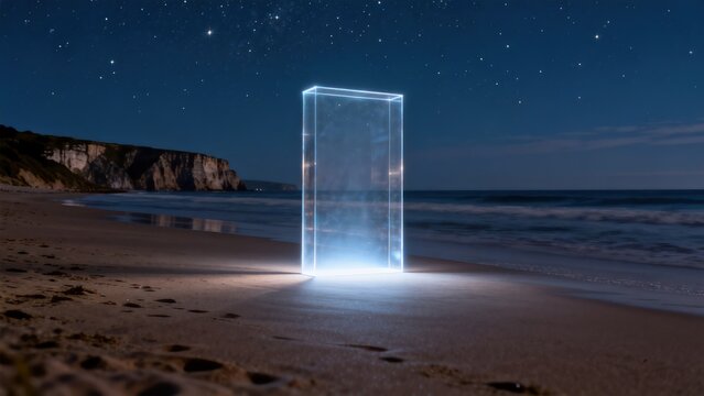 Glowing rectangular structure on beach