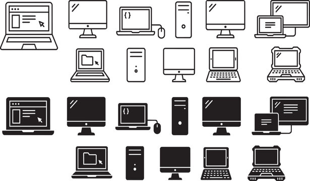 Collection of diverse computer hardware icons featuring laptops and desktop monitors presented on transparent background