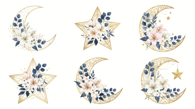 Luxury gold moon and star vector set with botanical watercolor flowers and navy blue leaf elements