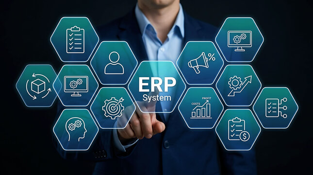 Businessman interacting with ERP enterprise resource planning system