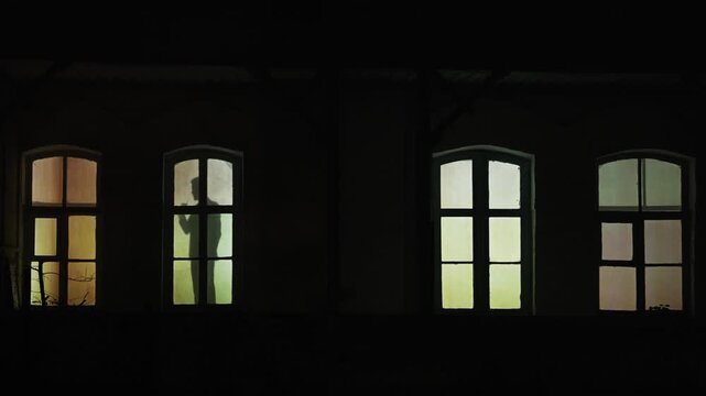 Silhouettes of people behind a window lit with warm orange light, creating a mysterious and cozy ambiance. A man in a business suit with a glass of wine