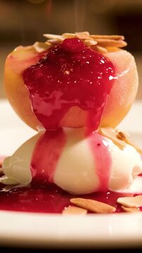 Raspberry puree drizzled over poached peach and vanilla ice cream with almond flakes