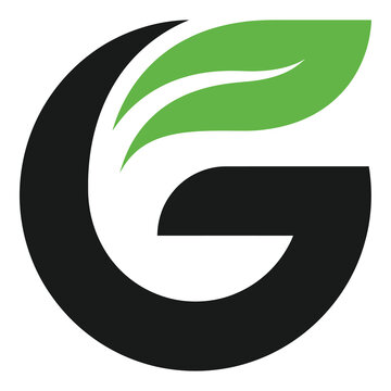 Large letter G with green leaf on top symbol logo design icon