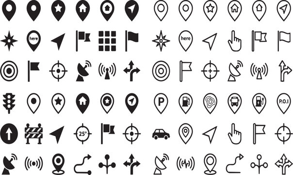Collection of black navigation and location map marker vector symbols presented on transparent background