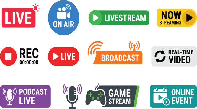 Colorful collection of professional broadcast and digital livestreaming interface elements displayed on transparent background