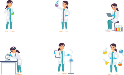 Fototapeta premium Female Chemist and Science Teacher Vector Character Set with Woman Holding Chemical Beakers Looking into Microscope for Online Education Designs
