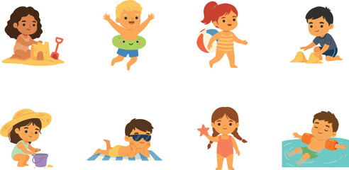 Fototapeta premium Diverse Cute Kids Beach Activity Vector Character Set with Children Swimming Building Sandcastles Tanning and Playing with Ball for Summer Holiday Designs