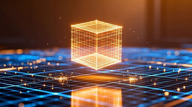 Golden wireframe cube on grid surface