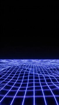 Retro futuristic blue wireframe terrain moving vertically with dark copy space for text