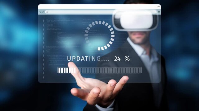 A man wearing a virtual reality headset engages with an advanced digital interface that shows an updating progress indicator, symbolizing modern technology. Raster