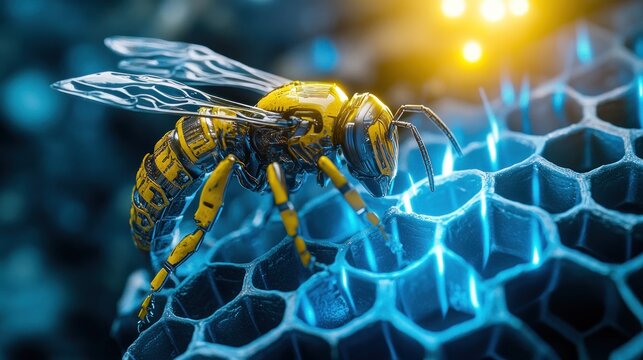 Futuristic robotic bee on glowing honeycomb